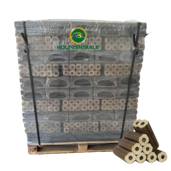 PiniKay Holzbriketts 100% Eiche – 8-eckig mit Loch, 960 kg Palette, 96 Packungen je 10 kg –  – Hoher Heizwert
